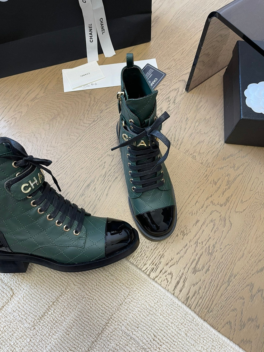 Chanel Alphabet Martin Boots in Forest Green Lambskin