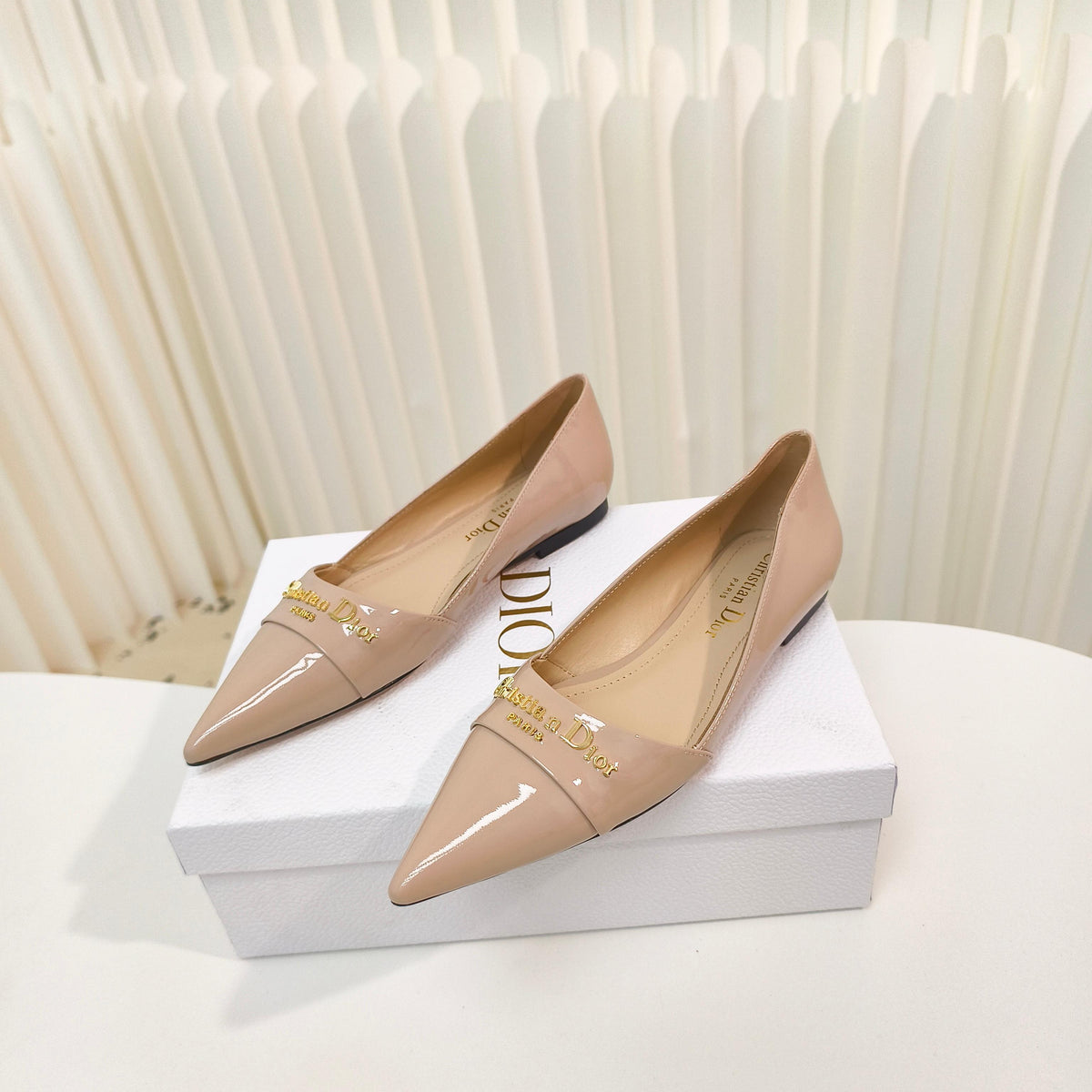 Dior Pointed Ballet Flats 25S in Beige Glossy Leather with Gold Hardware