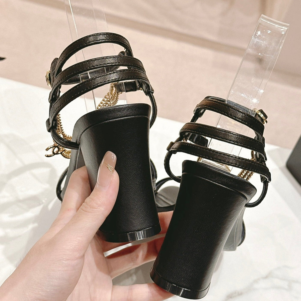 Chanel Double C Leather High Heel Sandals Black