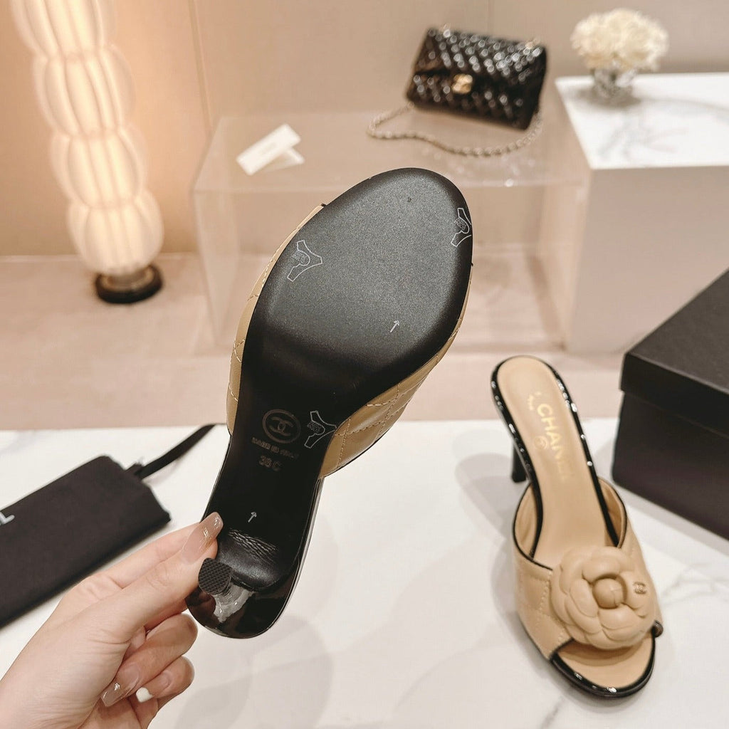 Chanel Double C New Camellia High Heel Beige Cream