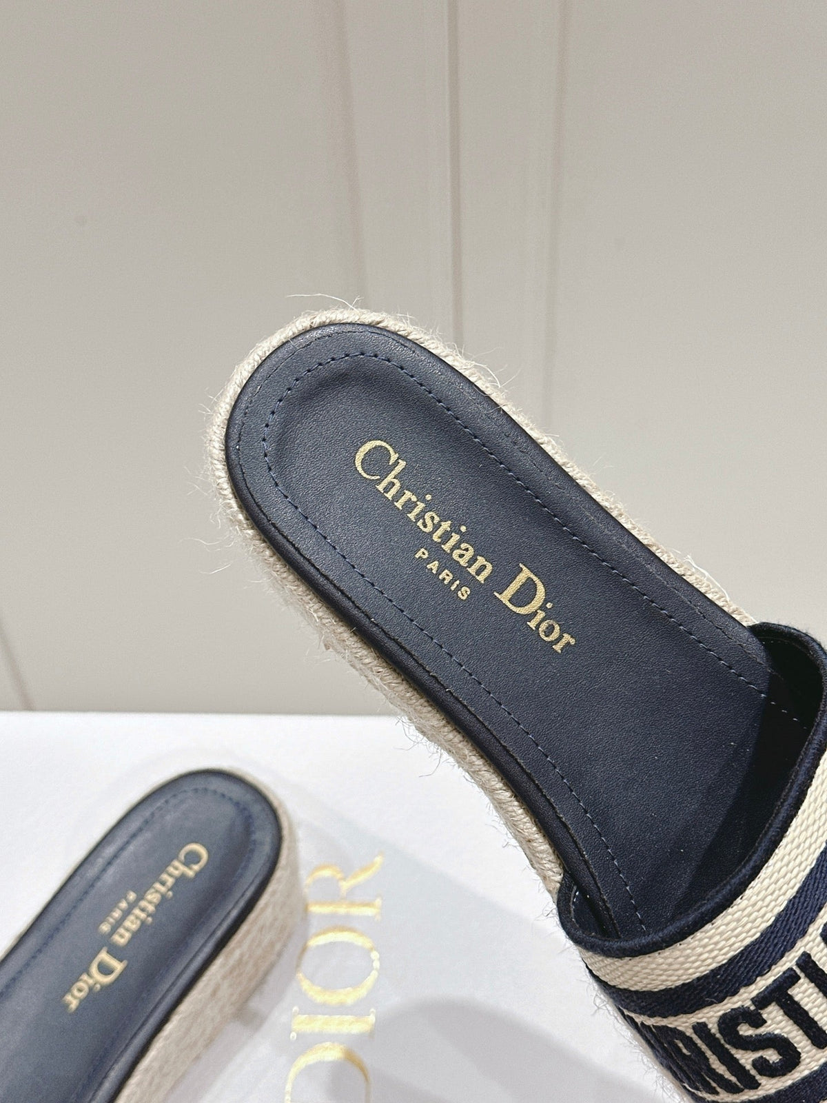 Dior Dway Wedge Slides 45mm in Black and Beige Fabric Raffia Sole