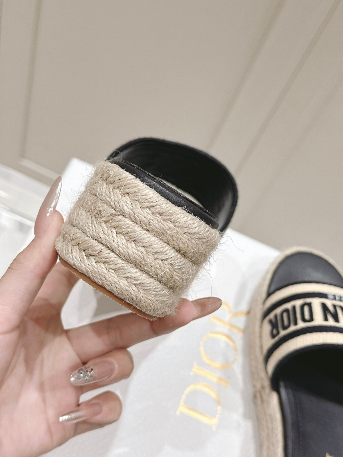 Dior Dway Wedge Slides 45mm in Black and Beige Fabric Raffia Sole