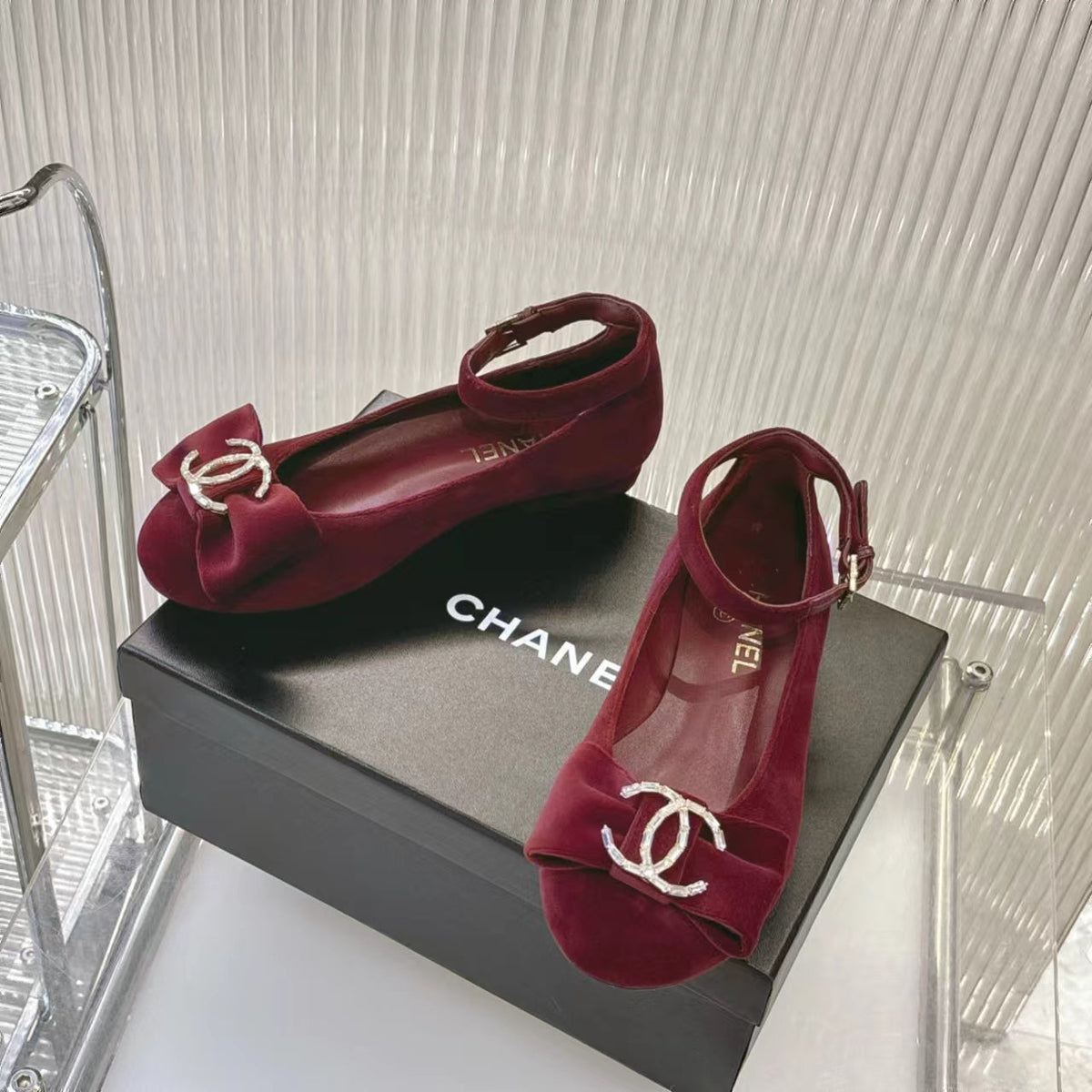 Chanel Bow Mary Jane Shoes in Garnet Red Velvet