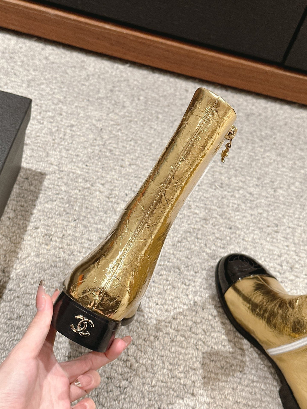 Chanel Short Boots in Golden Mix Black Lambskin