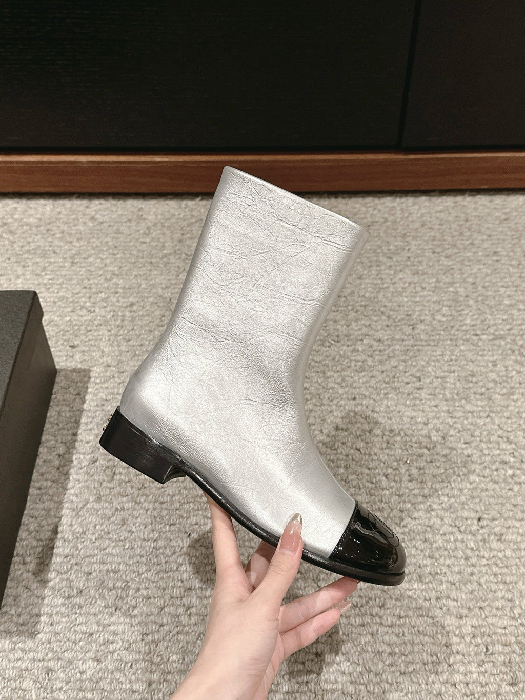 Chanel Short Boots in Silver Mix Black Lambskin