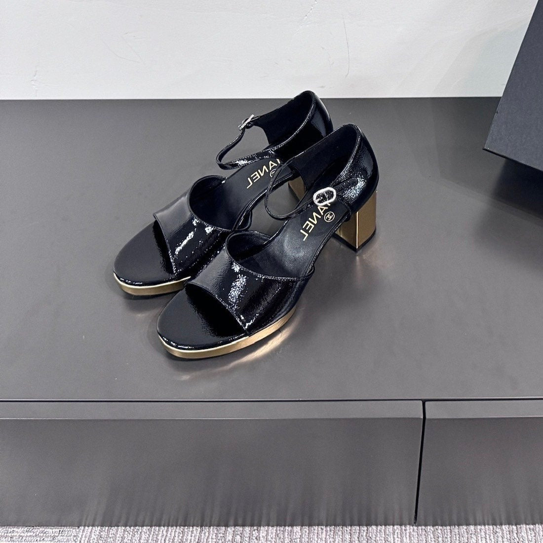Chanel Block Heel Sandals Black Sheepskin