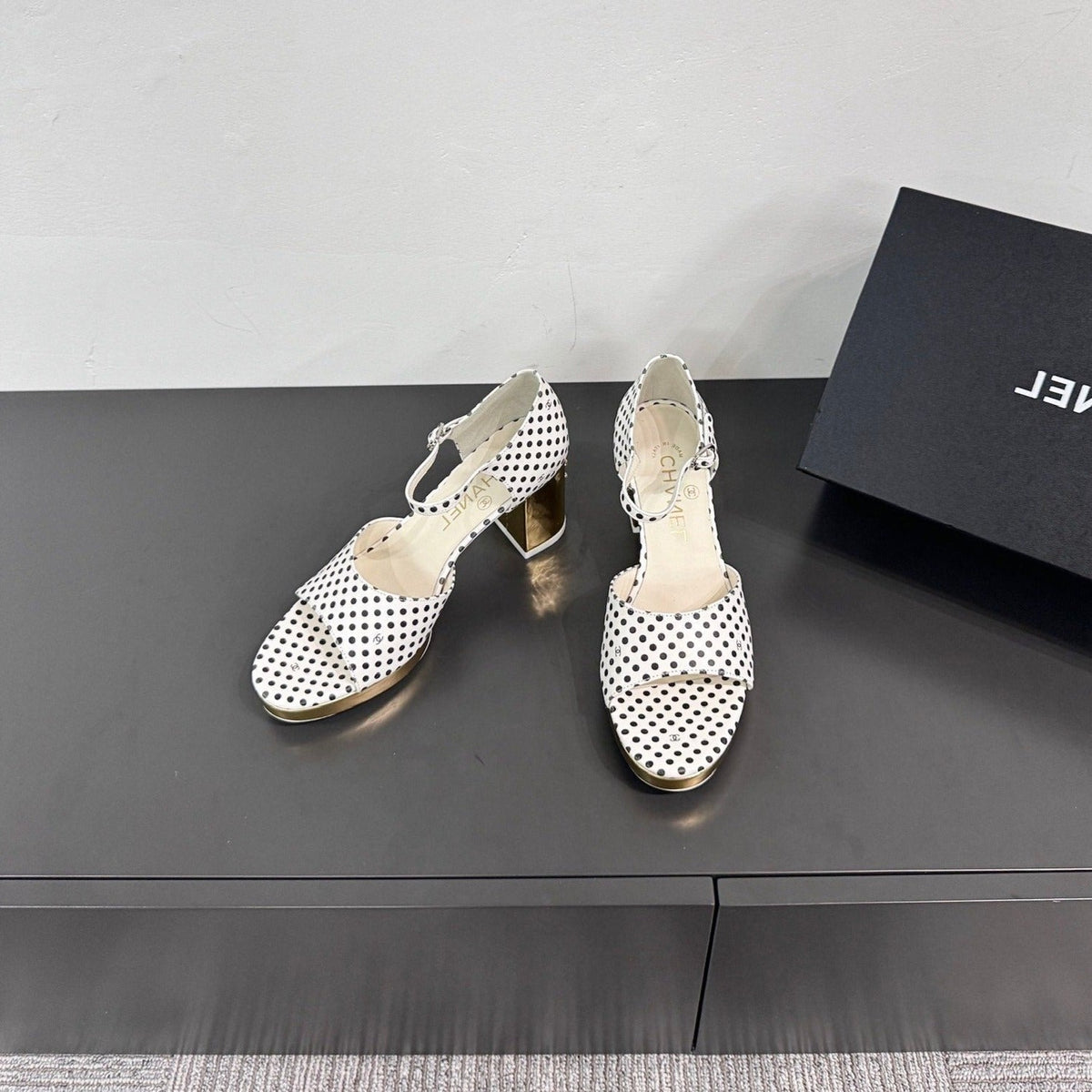 Chanel Block Heel Sandals White Polka Dot Sheepskin