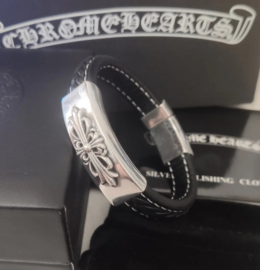 Chrome Hearts Inspired Premium Leather & Sterling Silver Bracelet