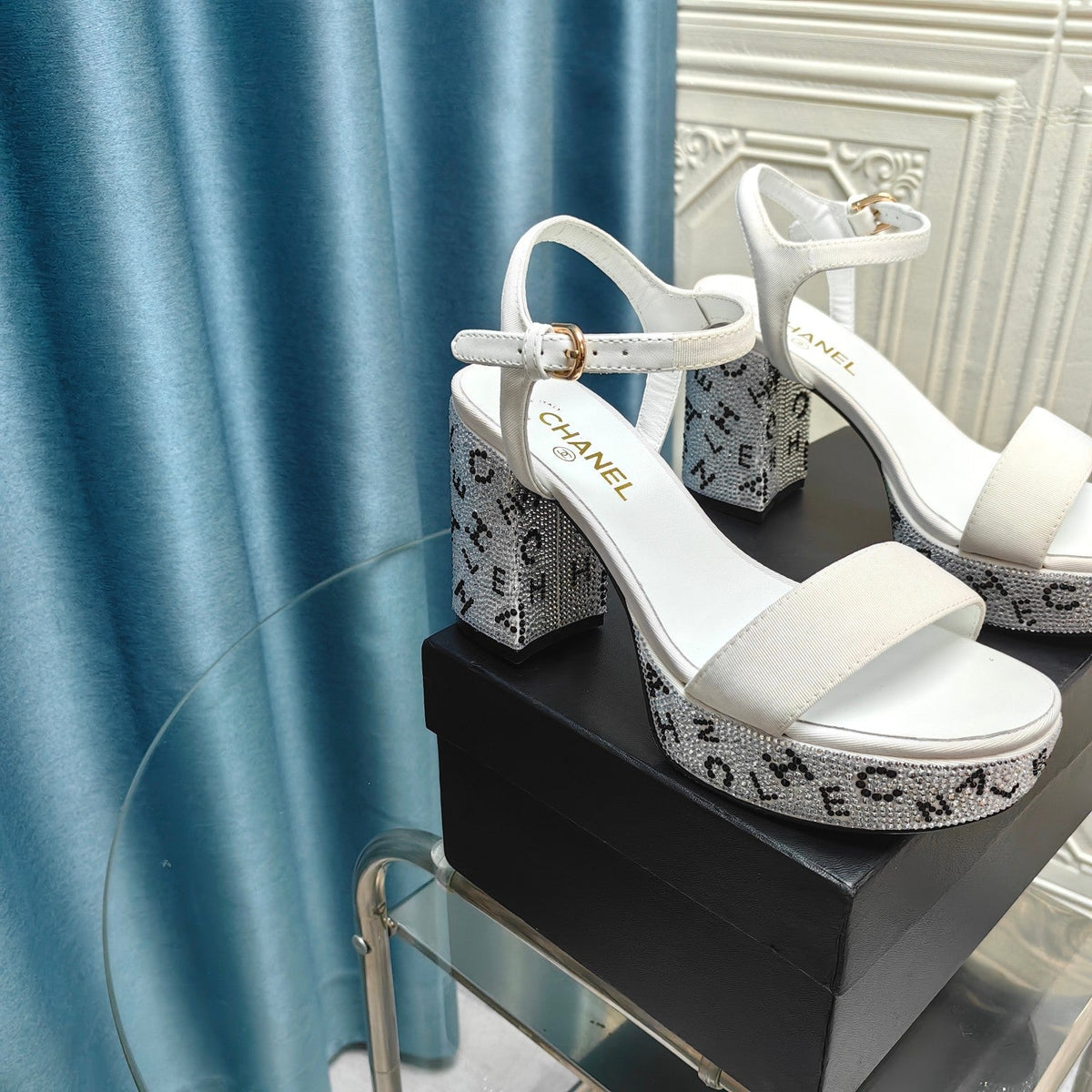 Chanel Chunky Heel Rhinestone High Sandals White Lambskin