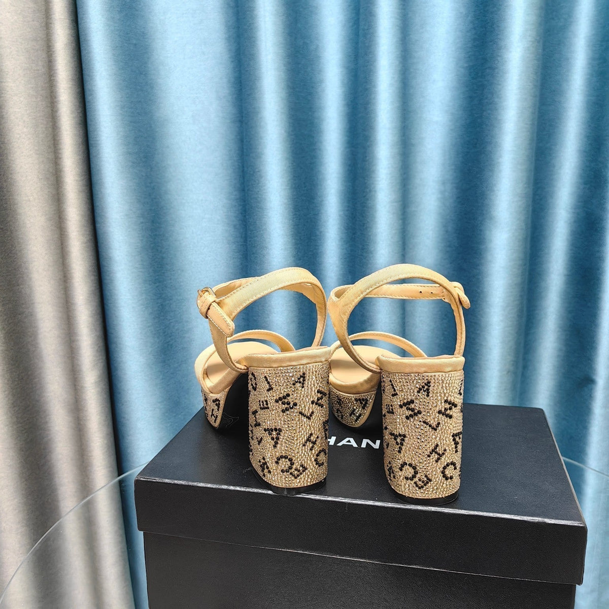 Chanel Chunky Heel Rhinestone High Sandals Beige Cream Lambskin