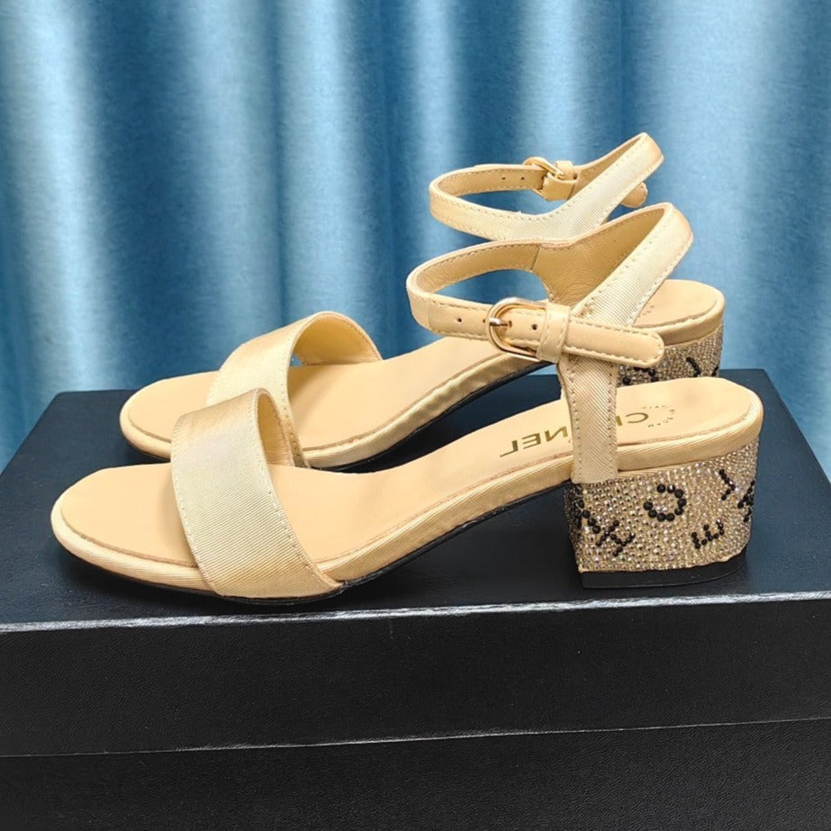 Chanel Chunky Heel Rhinestone Sandals Beige Cream Lambskin