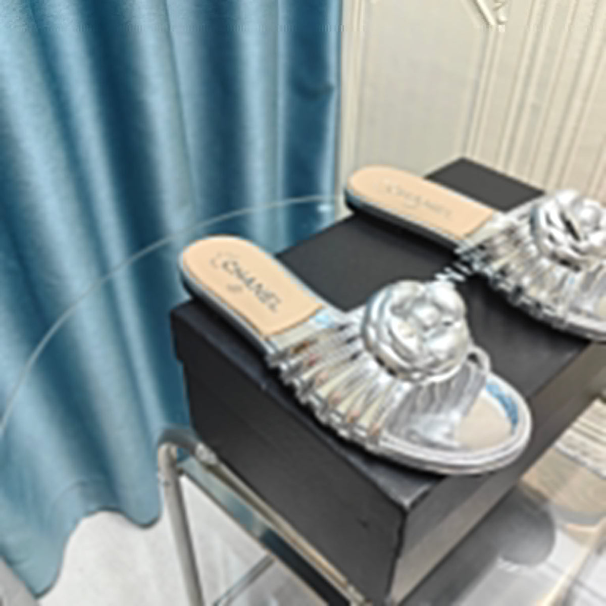 Chanel Camellia Slide Slippers Silver Lambskin