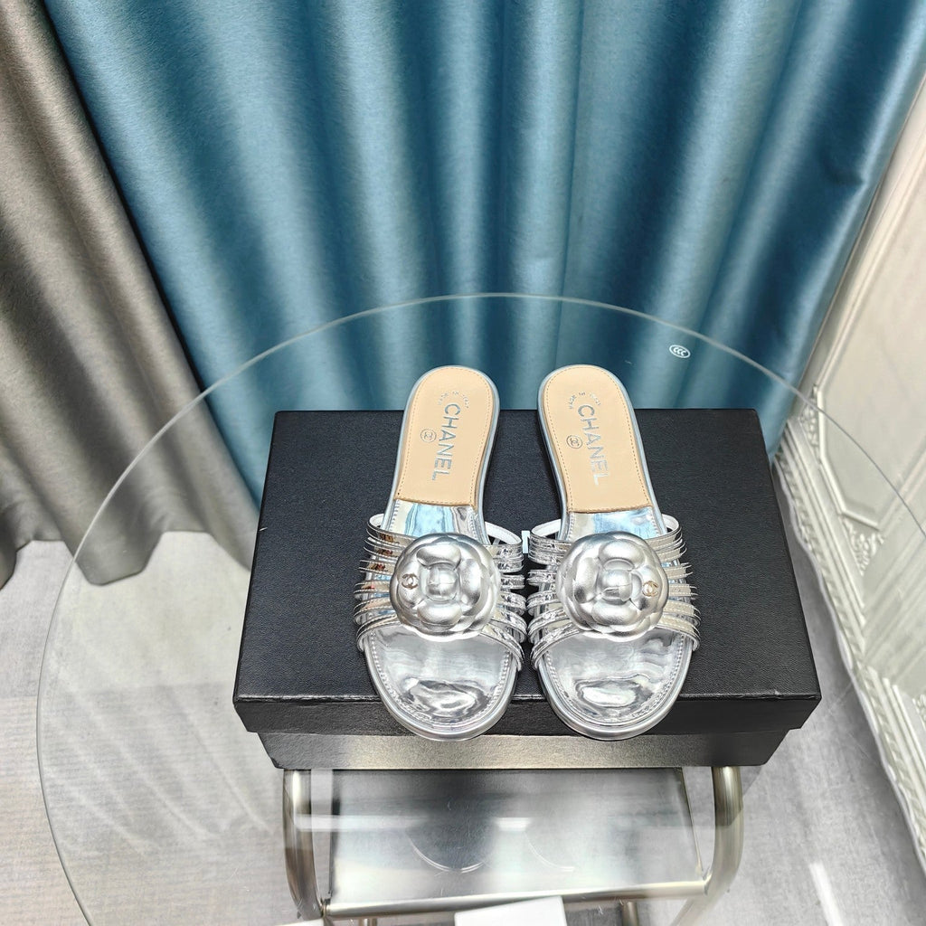 Chanel Camellia Slide Slippers Silver Lambskin