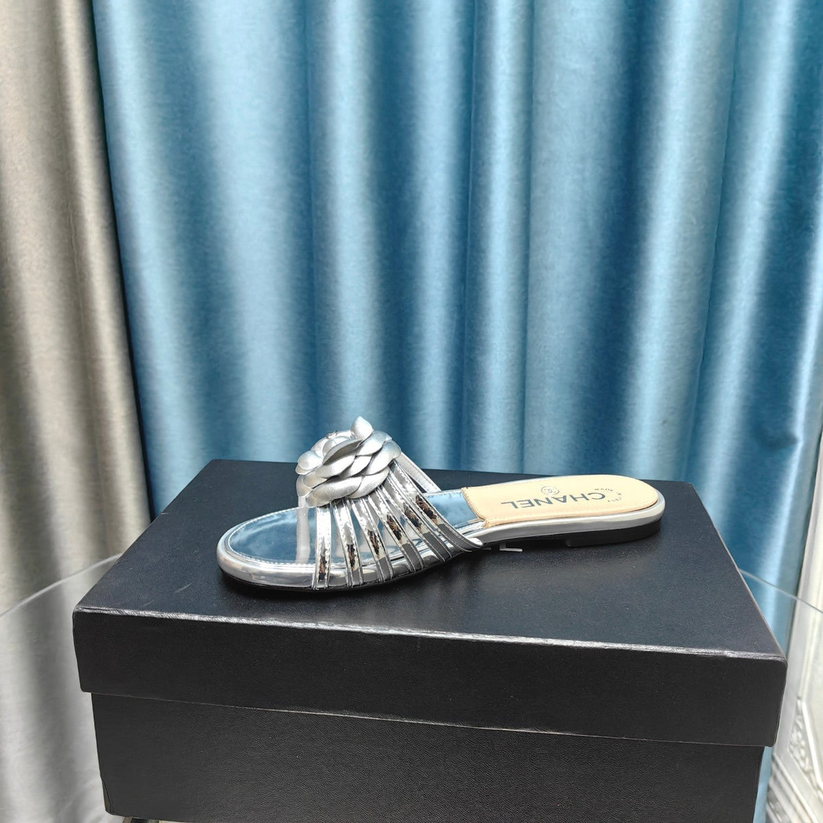 Chanel Camellia Slide Slippers Silver Lambskin