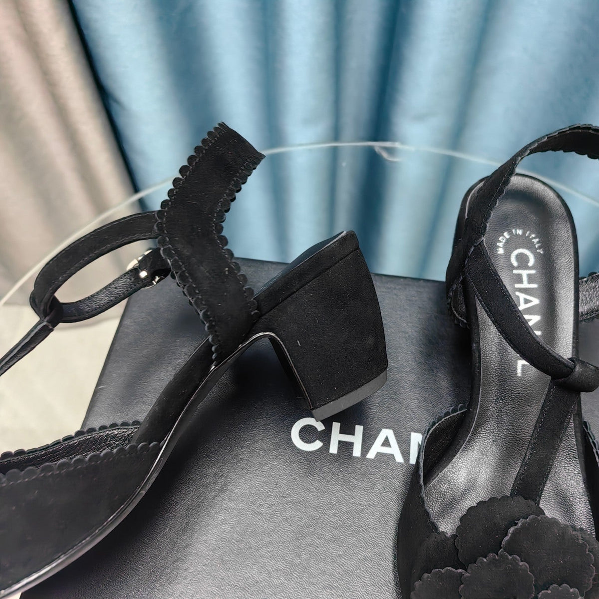 Chanel Camellia Sandal in Black Suede and Calfskin with Flower