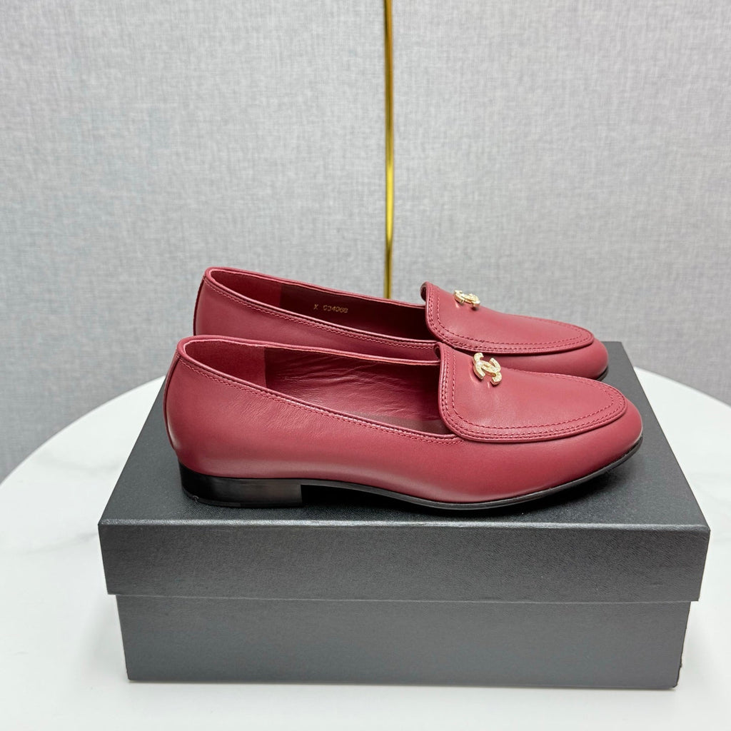 Chanel Loafers 25S in Dark Red Calfskin Gold Hardware with Stones