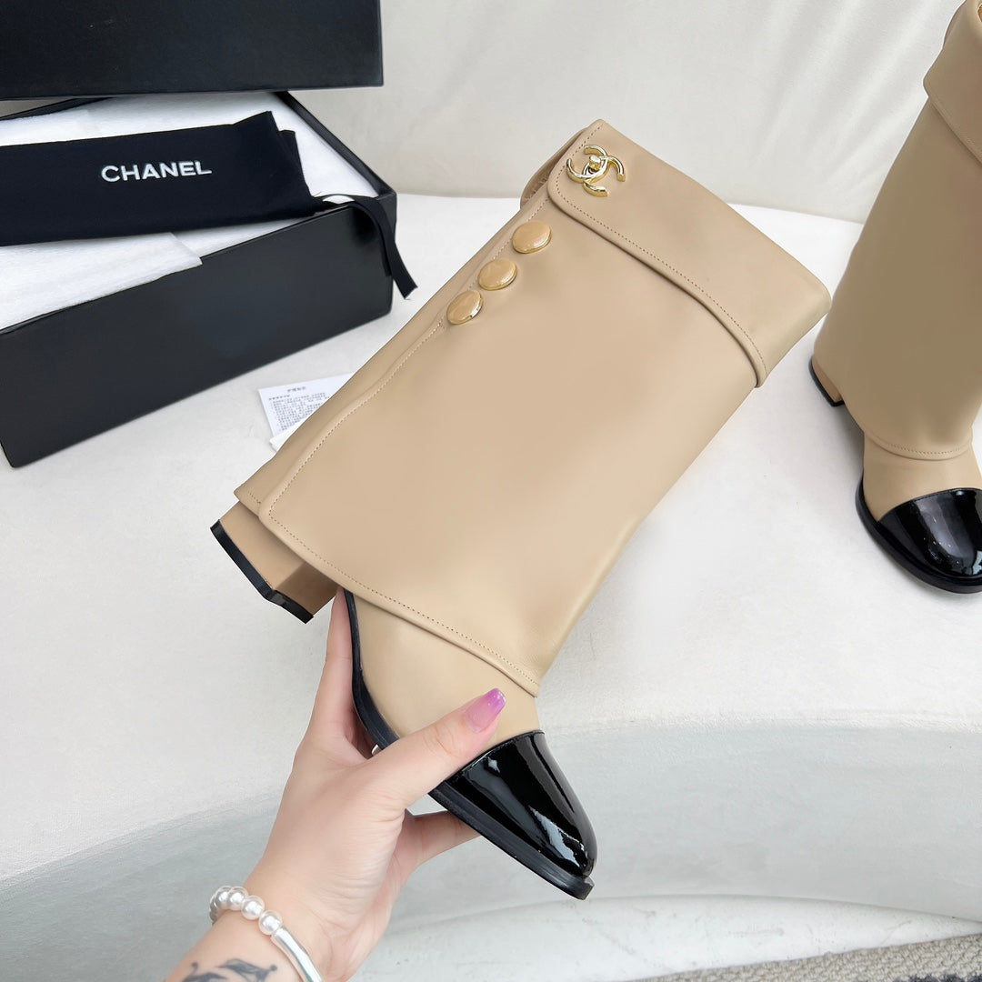 Chanel Short Boots 55 mm in Beige Cream Lambskin with Gold Hardware