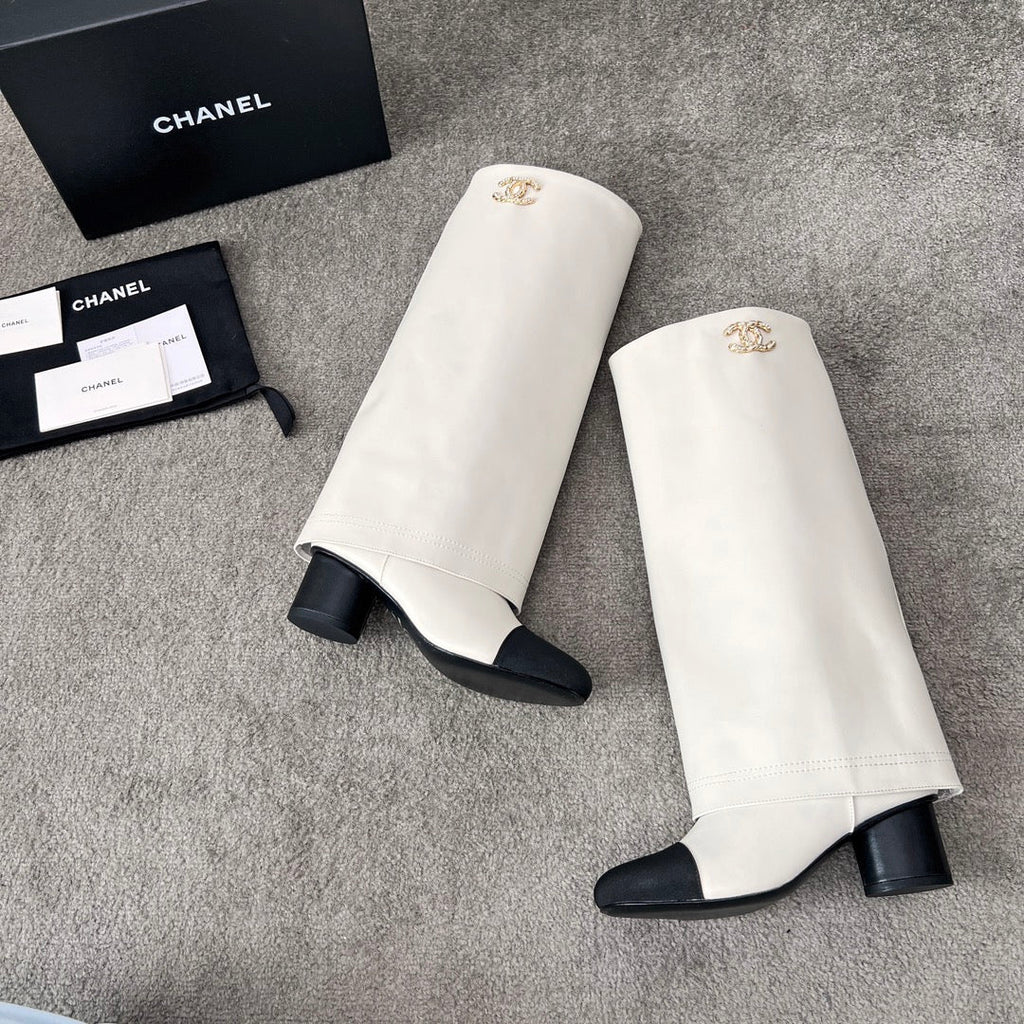 Chanel 25S High Boots 55mm in Ivory Black Calfskin and Canvas Gold Hardware