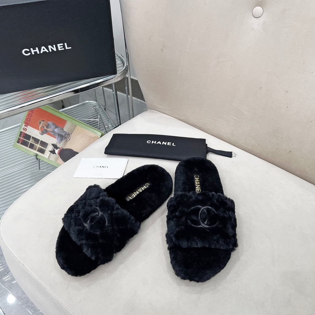 Chanel 25S Fur Slippers with Exposed-Stitch Straps in Black