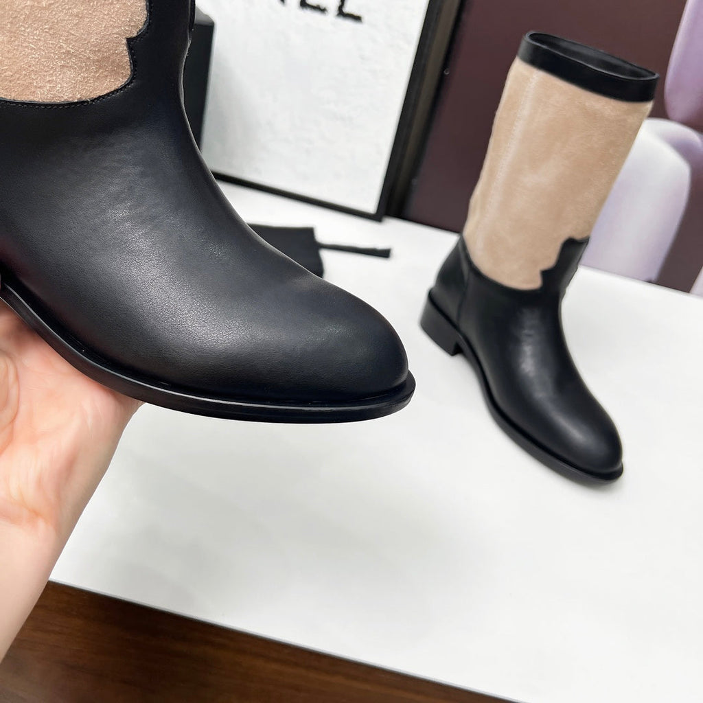 Chanel 25S Mid-Calf Boots 35mm in Black Calfskin and Taupe Gray Suede Gold Hardware