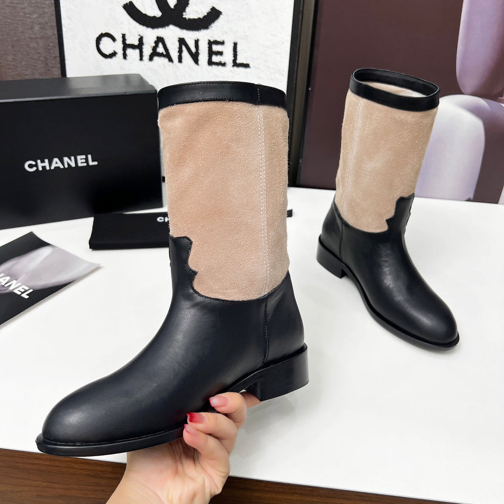 Chanel 25S Mid-Calf Boots 35mm in Black Calfskin and Taupe Gray Suede Gold Hardwre