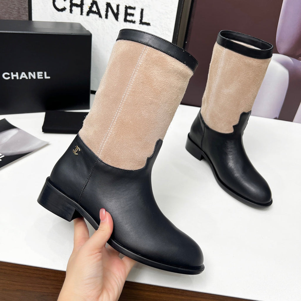 Chanel 25S Mid-Calf Boots 35mm in Black Calfskin and Taupe Gray Suede Gold Hardware