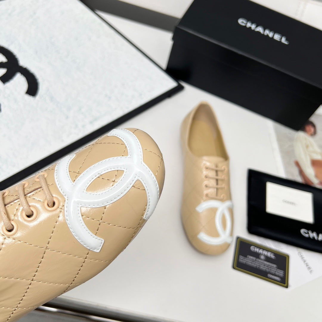 Chanel 25S Dance Shoes with Printed Logo in Beige Calfskin