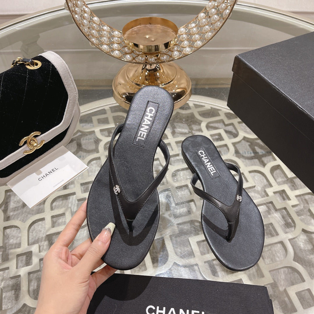 Chanel Double Flip Flop Thongs Black Sheepskin