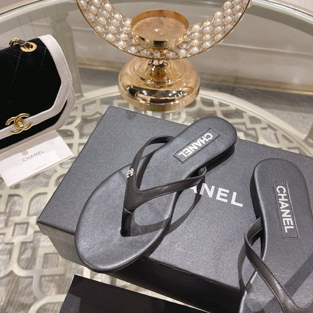 Chanel Double Flip Flop Thongs Black Sheepskin