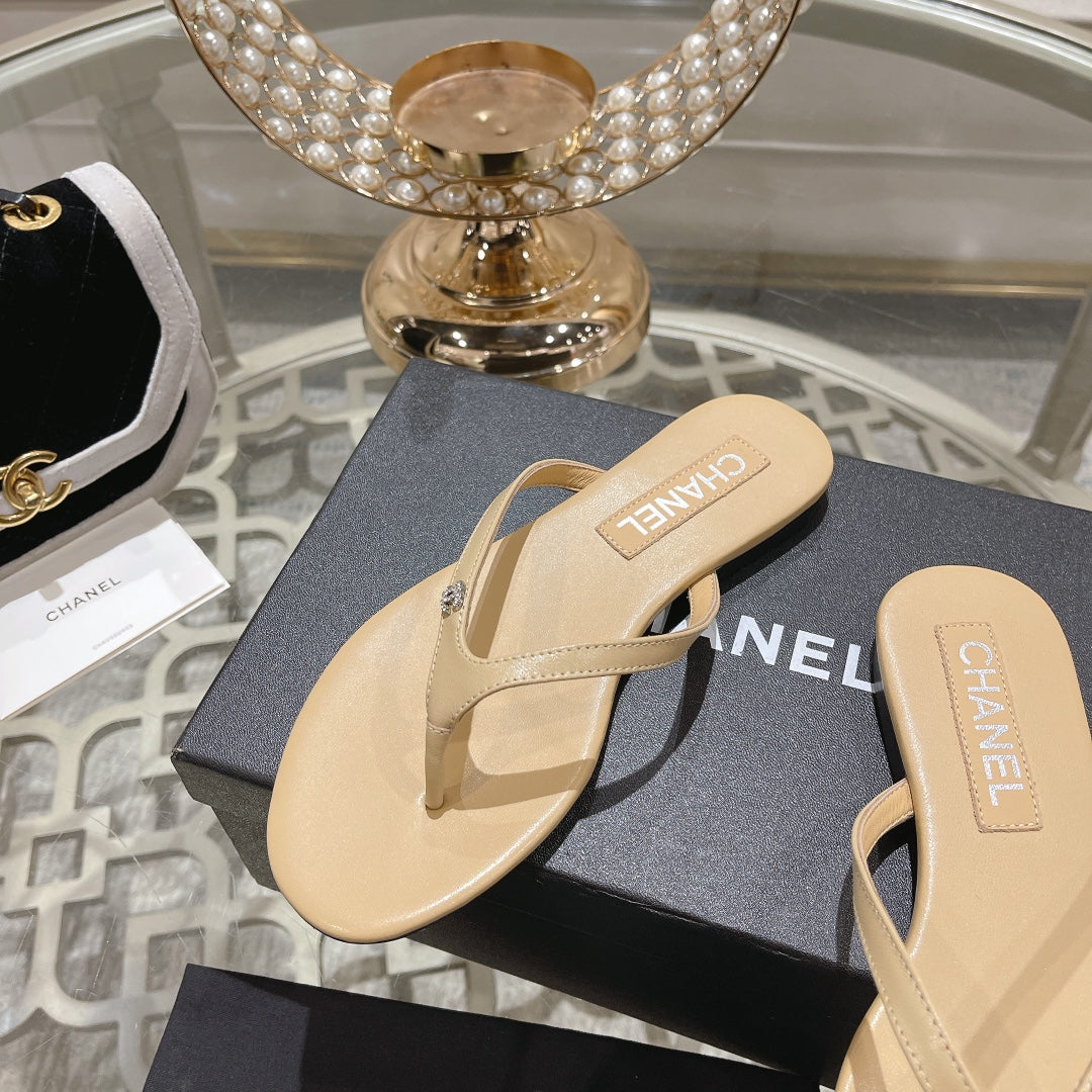 Chanel Double Flip Flop Thongs Beige Cream Sheepskin