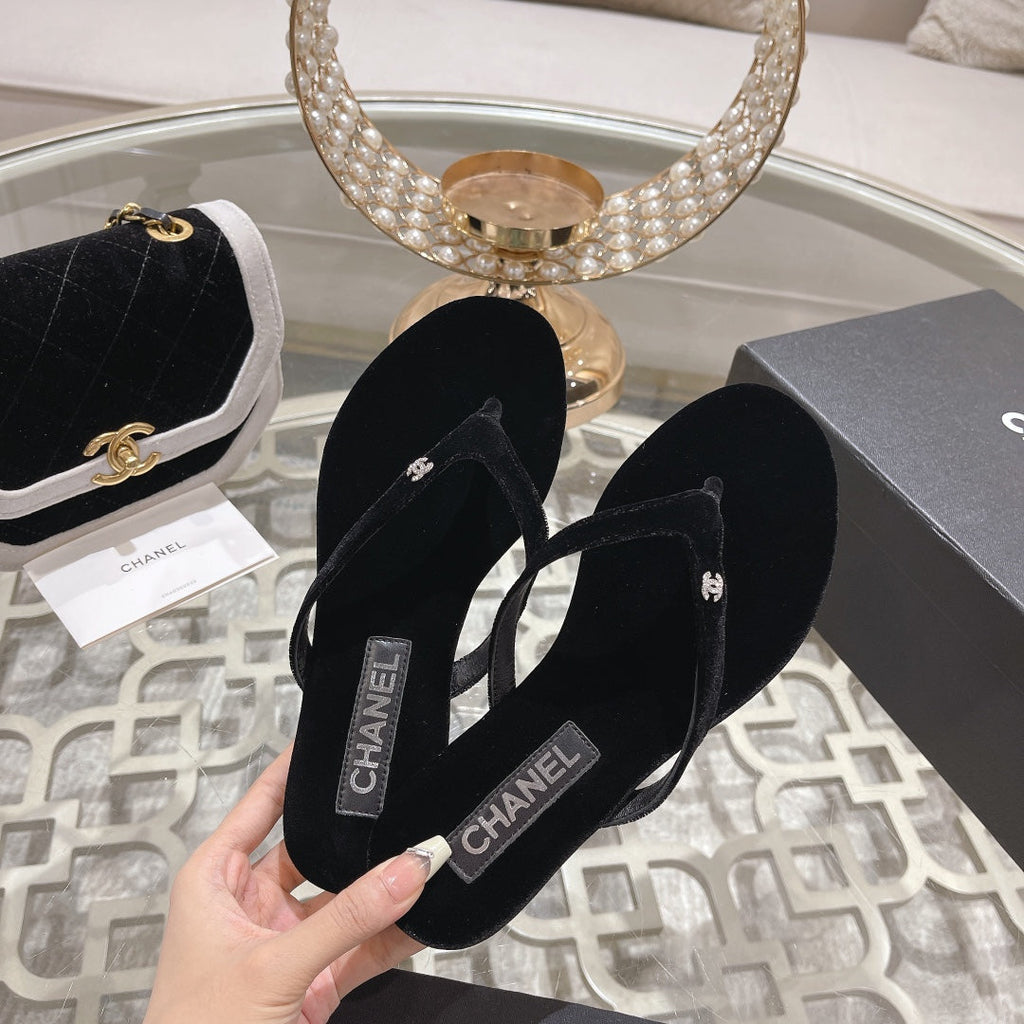 Chanel Double Velvet Flip Flop Thongs Black