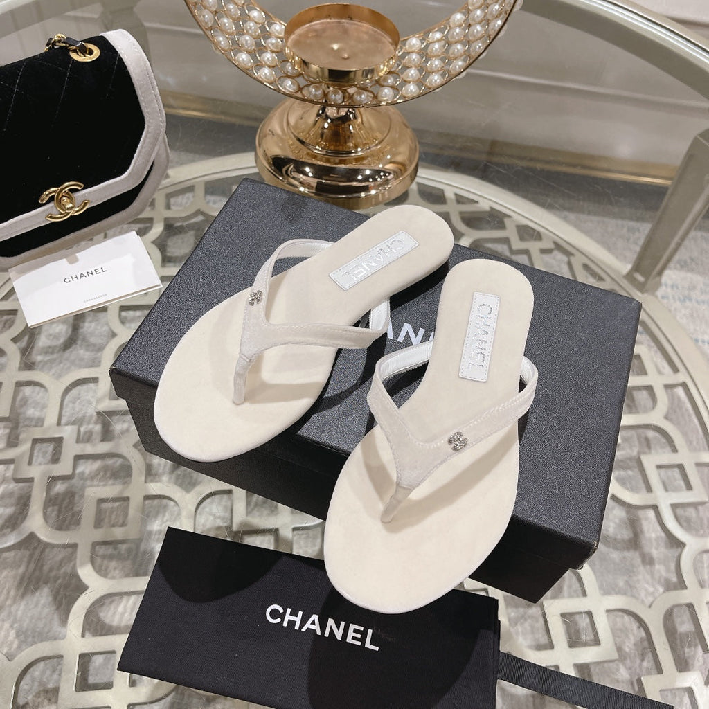Chanel Double Flip Flop Thongs White Sheepskin