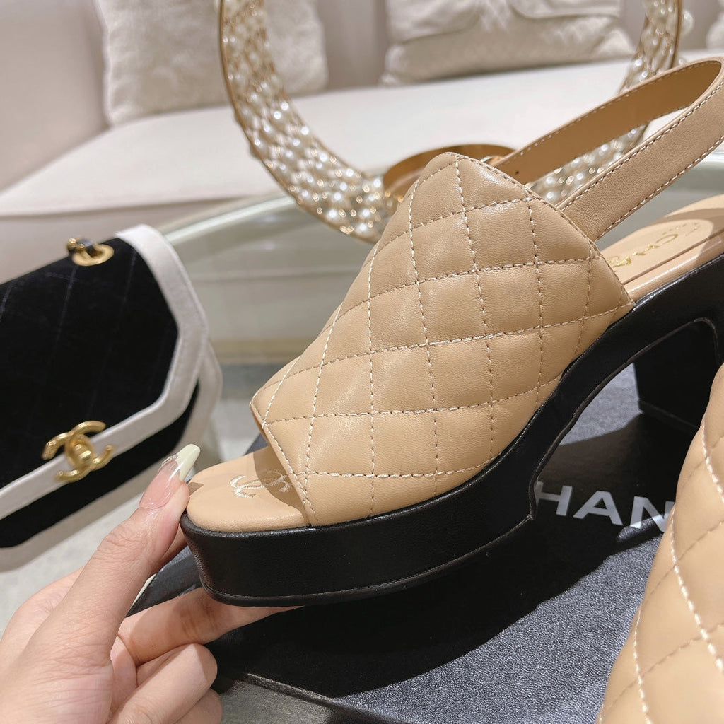 Chanel Double C Chunky Heel Peep-Toe Open Sandals Beige Cream Lambskin