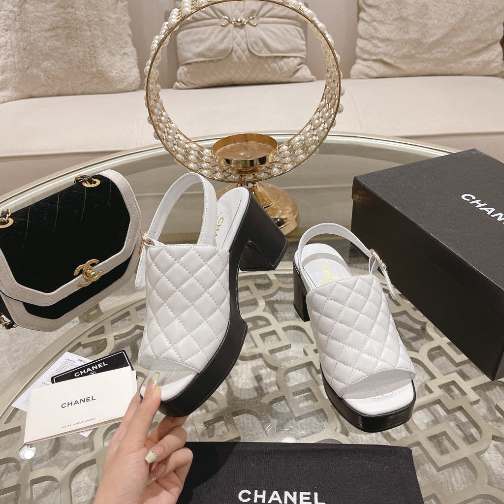 Chanel Double C Chunky Heel Peep-Toe Open Sandals White Lambskin