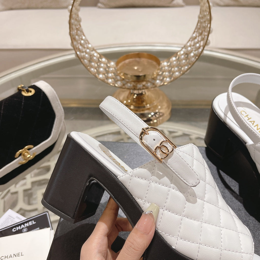 Chanel Double C Chunky Heel Peep-Toe Open Sandals White Lambskin