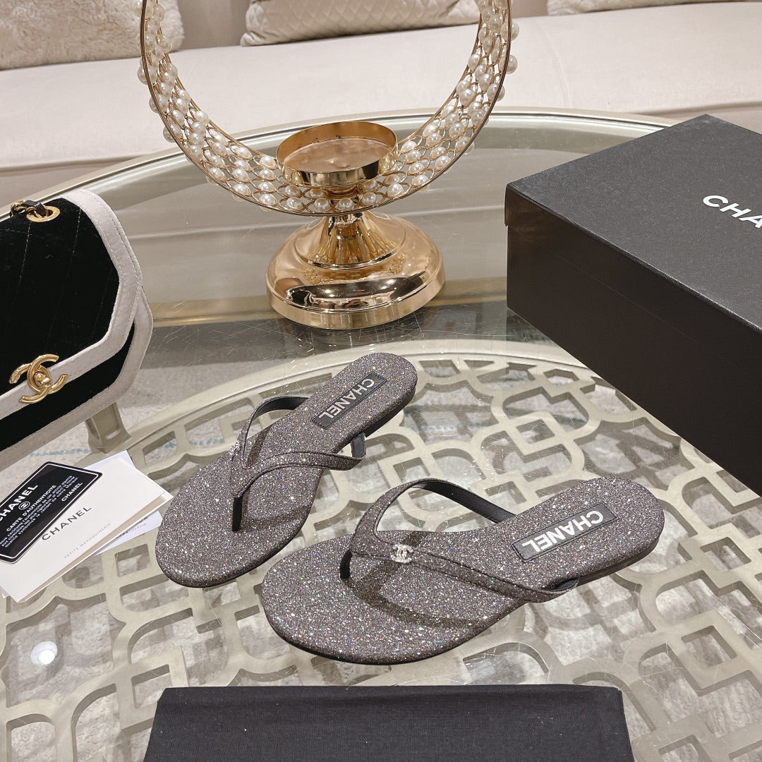 Chanel Double Rhinestone Flip Flop Thongs Dark Gray Sheepskin