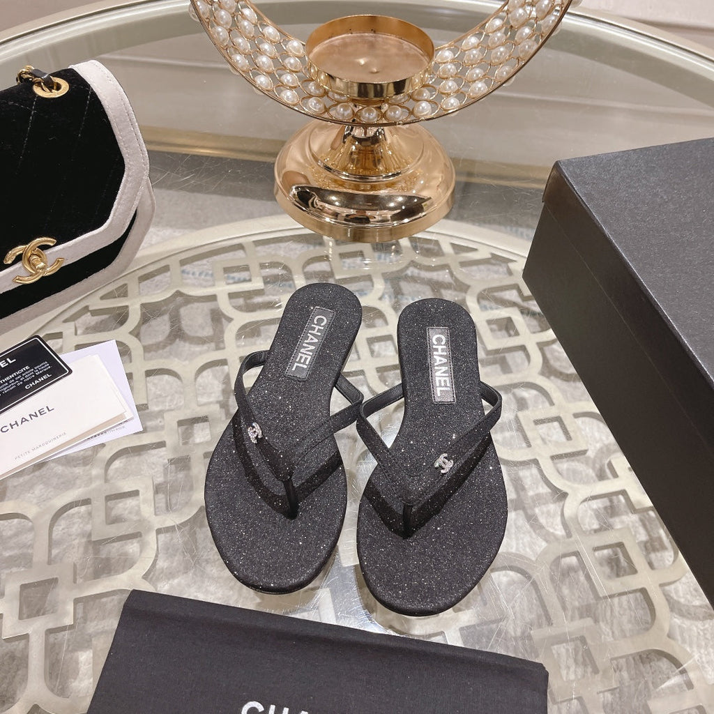 Chanel Double Rhinestone Flip Flop Thongs Black Sheepskin