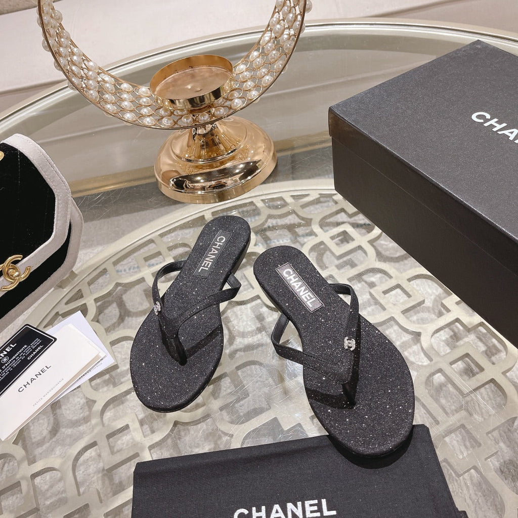 Chanel Double Rhinestone Flip Flop Thongs Black Sheepskin