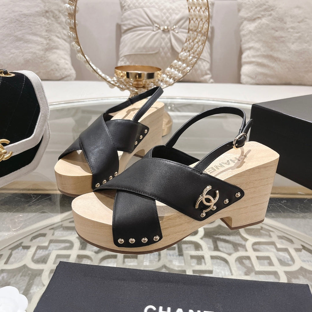 Chanel Double Wood Grain Platform Sandals Black Sheepskeen