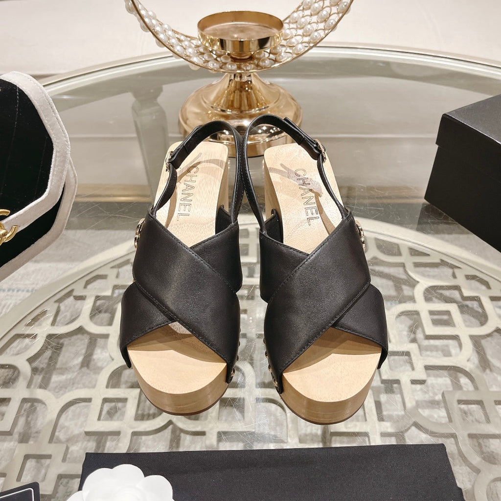 Chanel Double Wood Grain Platform Sandals Black Sheepskeen