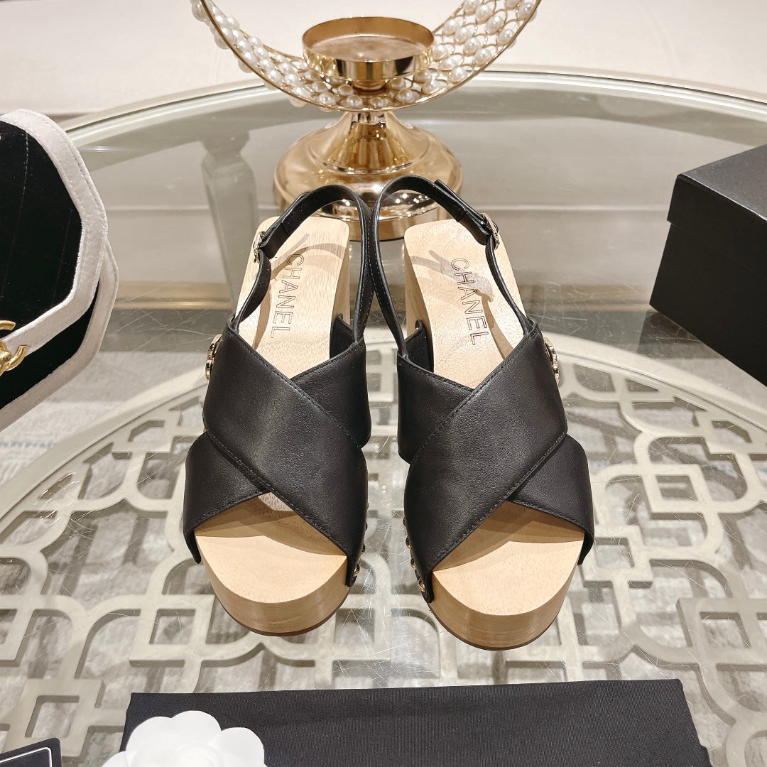 Chanel Double Wood Grain Platform Sandals Black Sheepskeen