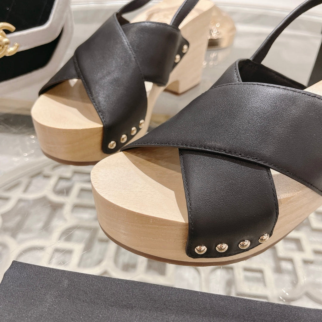 Chanel Double Wood Grain Platform Sandals Black Sheepskeen