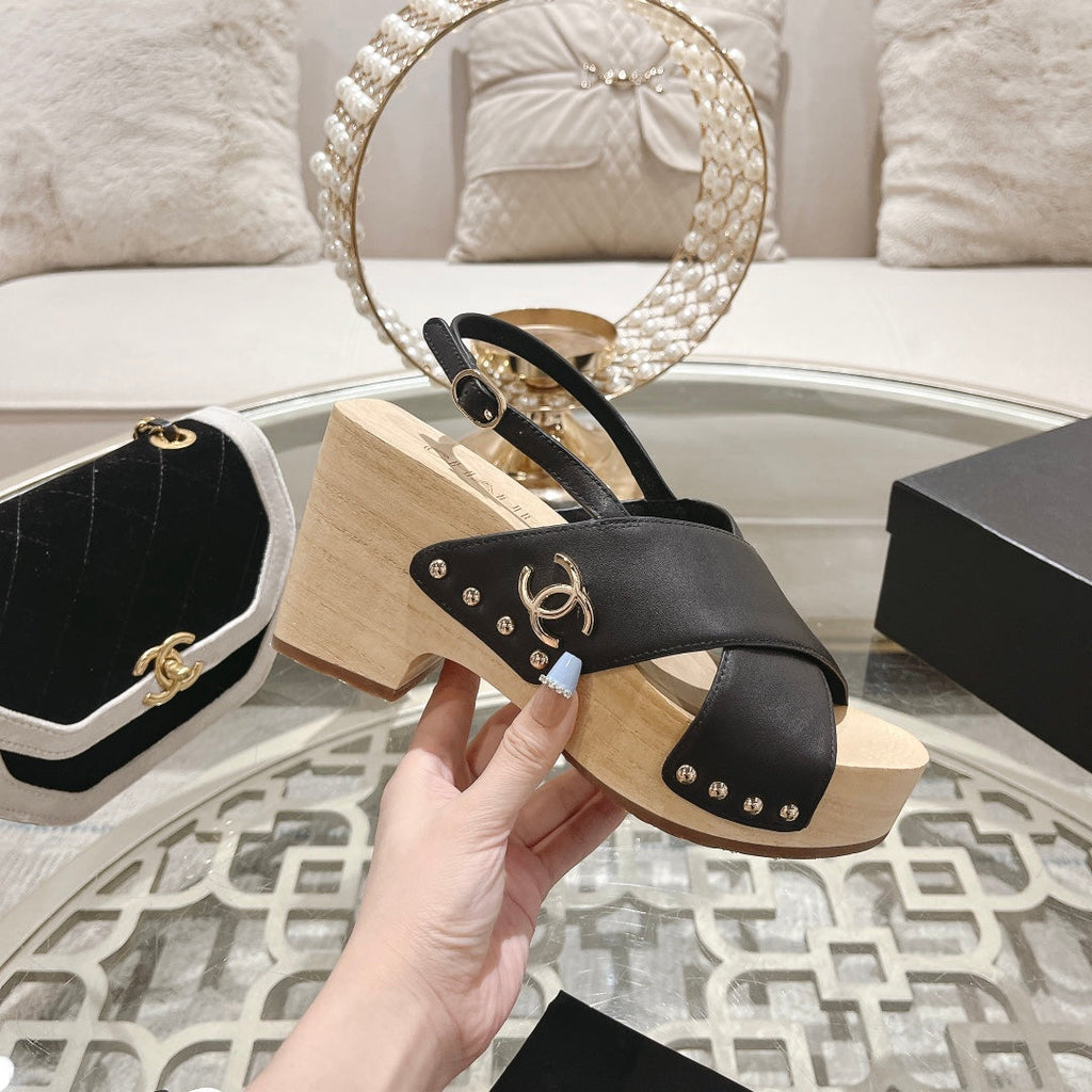 Chanel Double Wood Grain Platform Sandals Black Sheepskeen