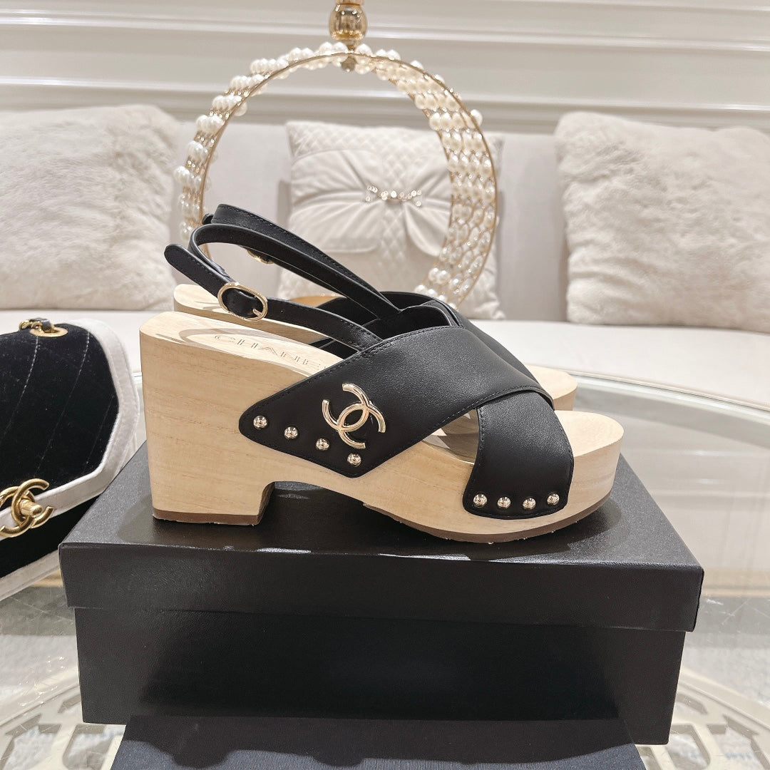 Chanel Double Wood Grain Platform Sandals Black Sheepskeen