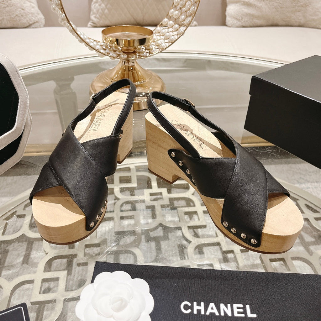 Chanel Double Wood Grain Platform Sandals Black Sheepskeen