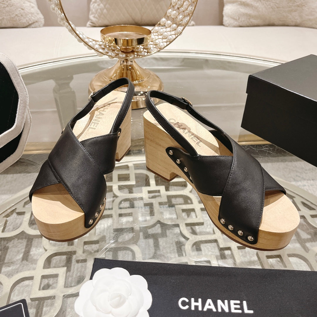 Chanel Double Wood Grain Platform Sandals Black Sheepskeen