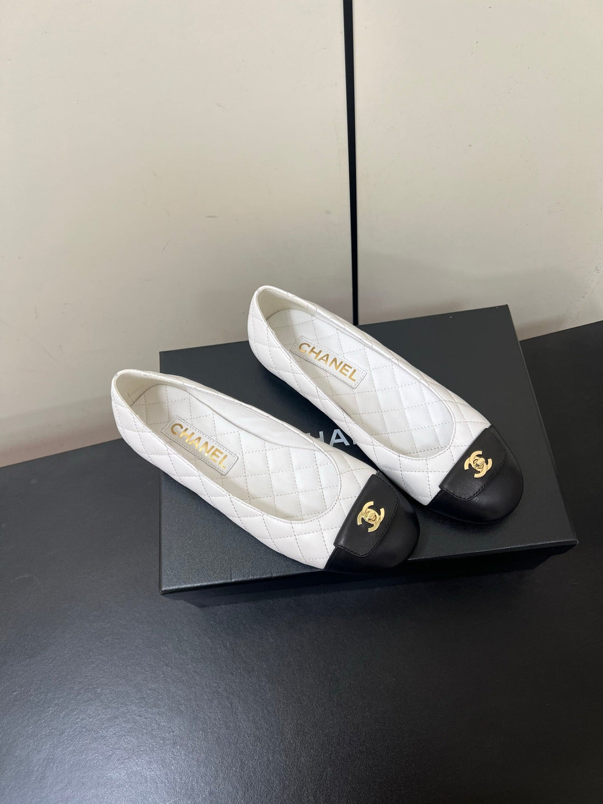 Chanel Ballet Flat 25SS in White Mix Black Lambskin with Gold Hardware