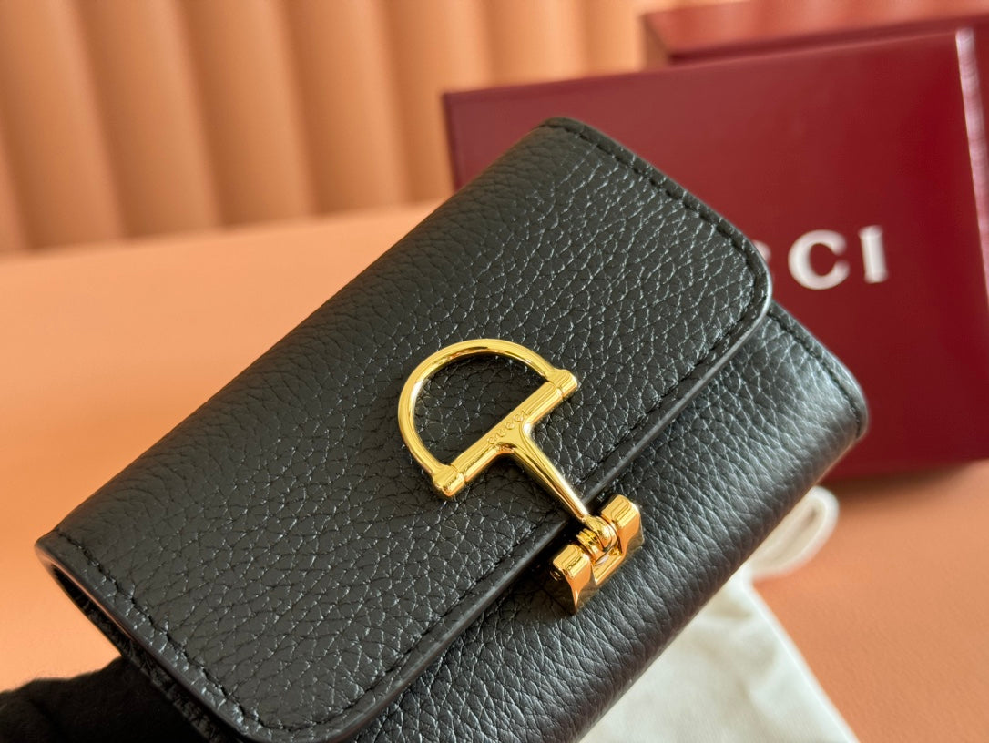 Gucci Softbit Card Case 10.5 in Black Grainy Calfskin Gold Hardware