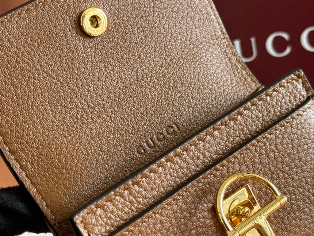 Gucci Softbit Card Case 10.5 in Brown Grainy Calfskin Gold Hardware