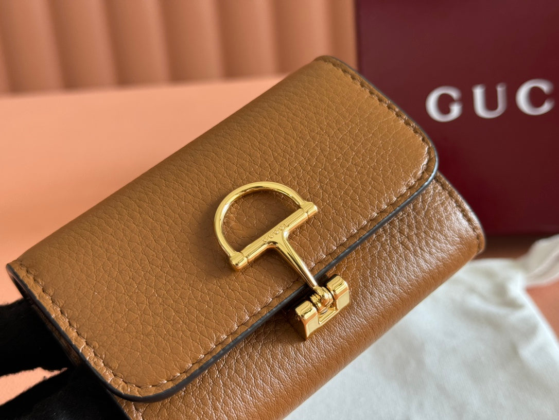 Gucci Softbit Card Case 10.5 in Brown Grainy Calfskin Gold Hardware